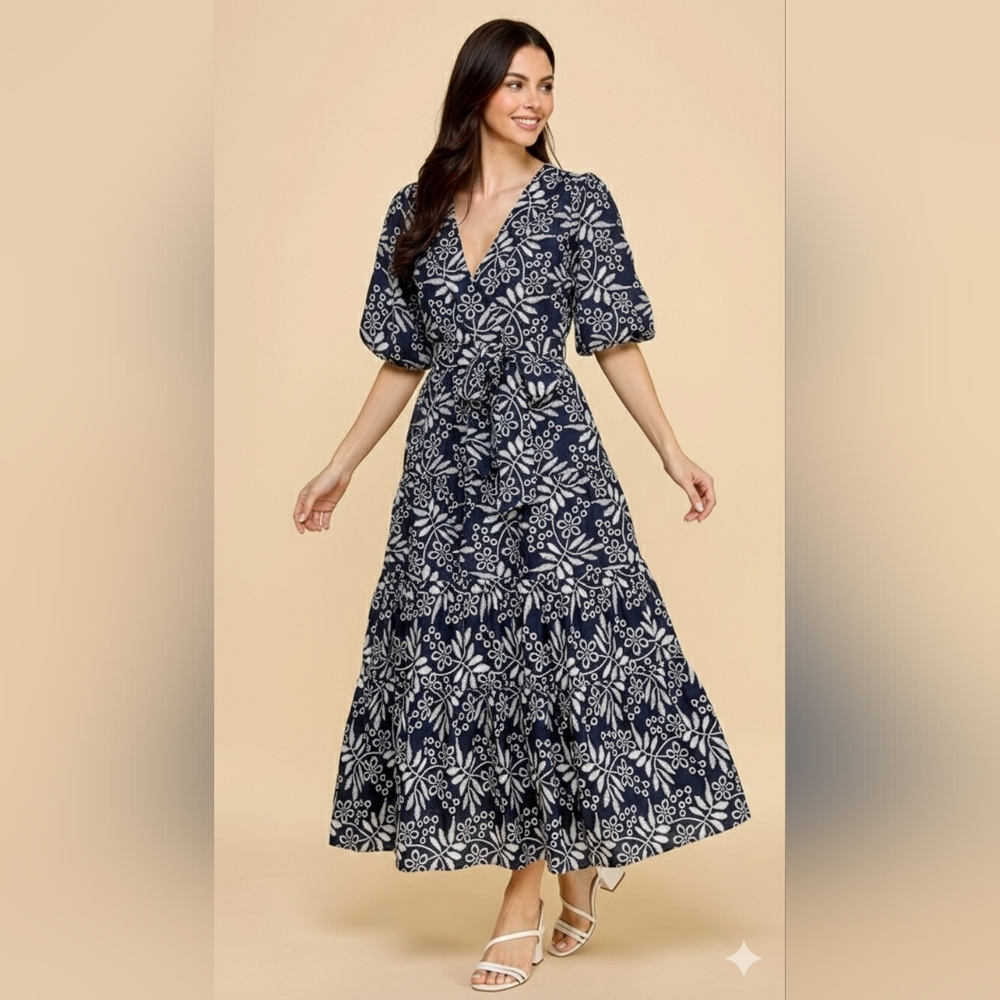 Elegant Navy Patterned Maxi Dress
